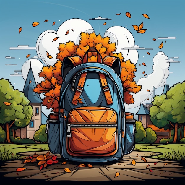Entdecken Sie Schultaschen, Rucksäcke und Schülerzubehör in einer Stillleben-Illustration zum Thema Herbst