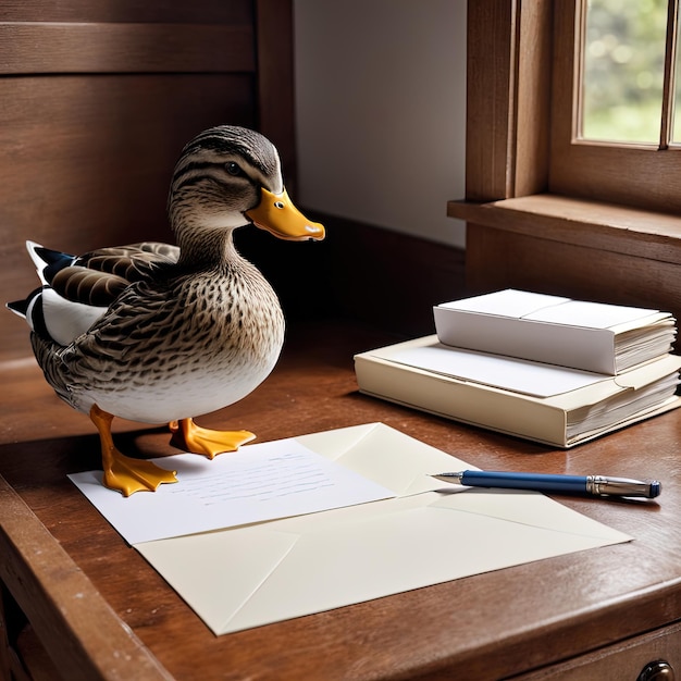 Ente auf dem Schreibtisch im Büro, Ente auf dem Tisch, die Gans schreibt den Brief