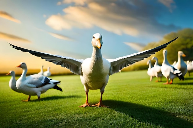 Enten auf einem Feld mit einer Gans im Hintergrund