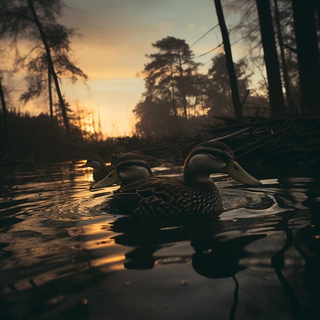 Enten schwimmen bei Sonnenuntergang in einem wässrigen Gebiet