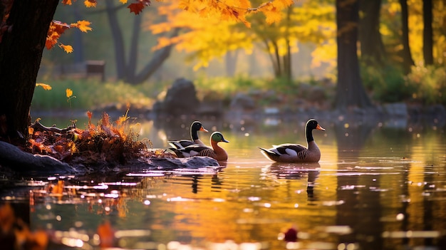 Enten schwimmen im Herbst in einem Teich