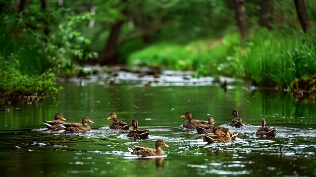 Enten schwimmen im Wasser und eine von ihnen hat einen grünen Hintergrund