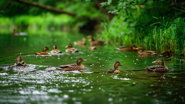 Enten schwimmen in einem Teich mit einem Entenjungen