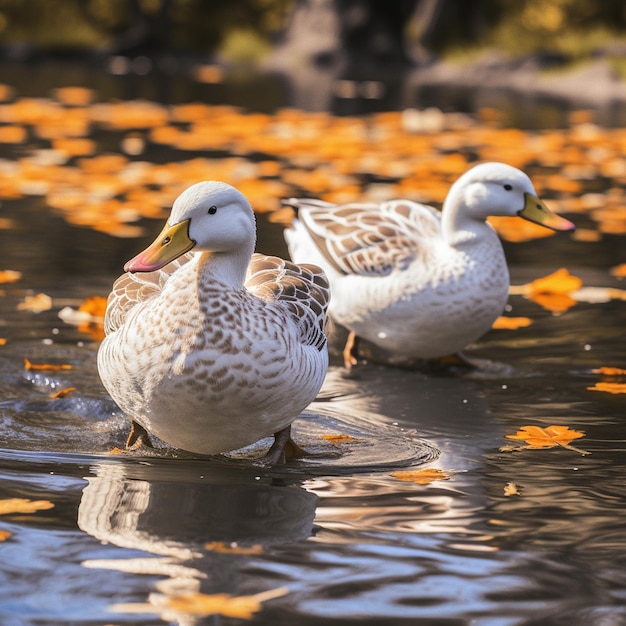 Enten schwimmen in Herbstblättern auf einem See