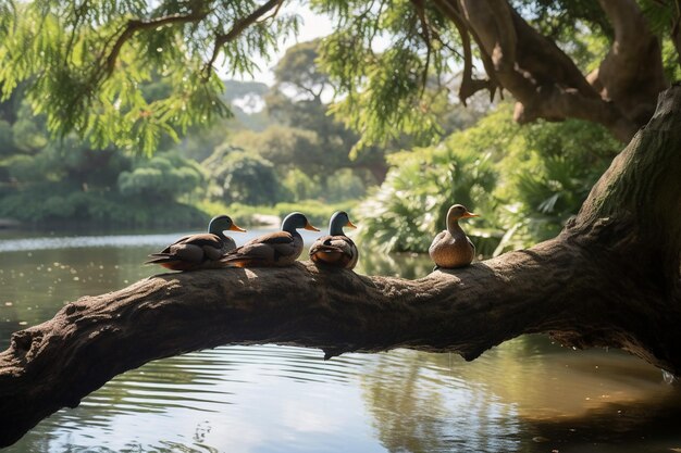 Enten sitzen auf einem gefallenen Baumstamm in der Mitte eines Teiches