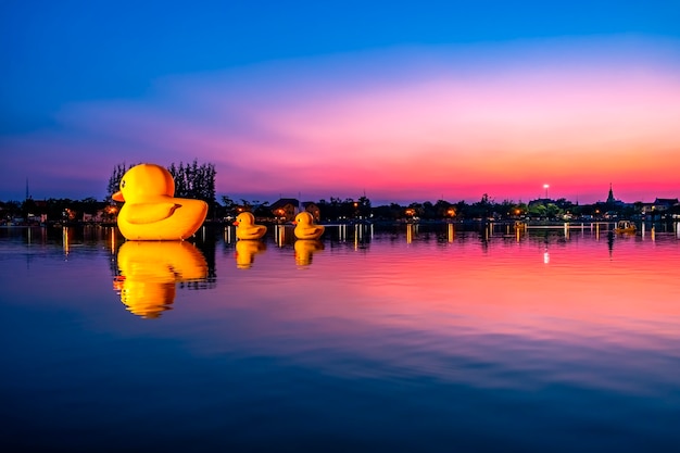 Foto enten-spielzeug am allgemeinen park auf sonnenuntergang