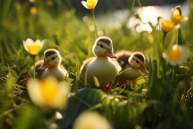 Foto entenküken erkunden einen ruhigen bach mit üppiger grüner vegetation