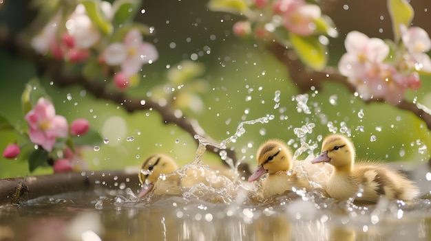 Entenküken spritzen im Wasser inmitten von Frühlingsblüten, eine ruhige Naturszene, die perfekt für Wildtierthemen ist.