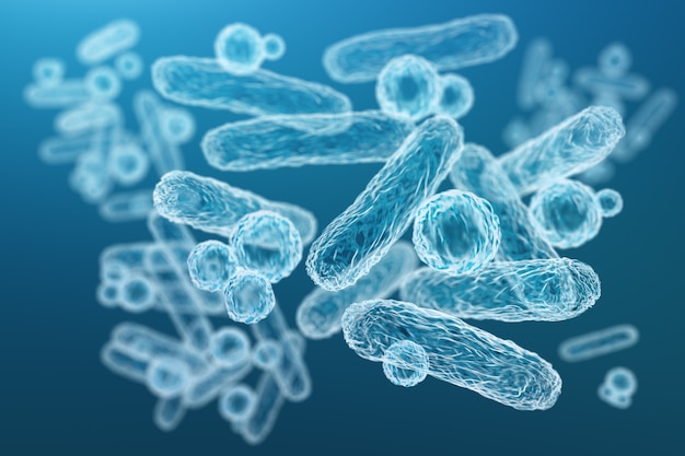 Enterobacteriaceae, bactérias gram-negativas em forma de bastonete, parte do microbioma intestinal e agentes causadores de diferentes infecções, renderização 3D. Escherichia coli, Klebsiella, Enterobacter e outros