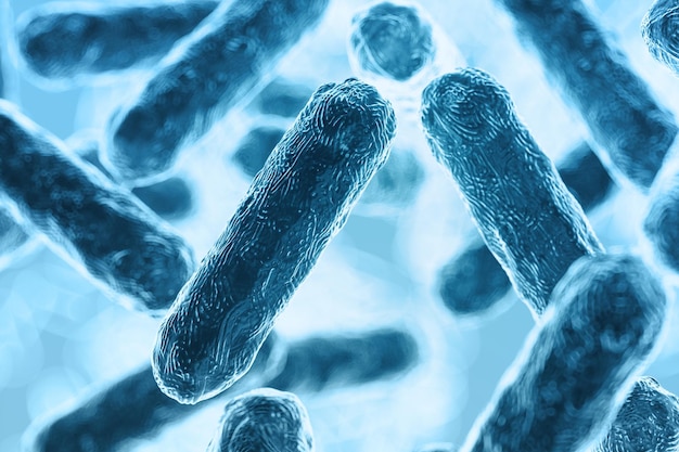 Foto enterobacteriaceae bacterias gramnegativas en forma de varilla que forman parte del microbioma intestinal y agentes causantes de diferentes infecciones representación 3d escherichia coli klebsiella enterobacter y otras