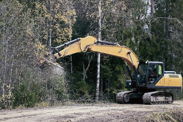 Foto entfernen von vegetation mit einem von einem bagger aufgehängten forstmulcher