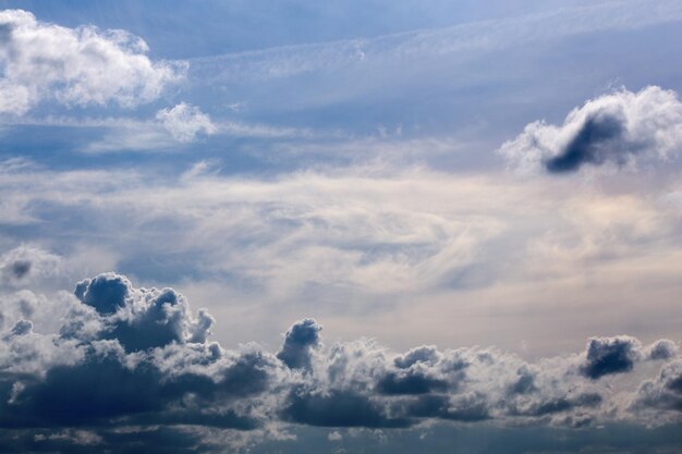 Entfernte gemischte Kumulus- und Federwolken in der Nähe des Horizonts, Nahaufnahme, Teleaufnahme mit polarisierendem Effekt