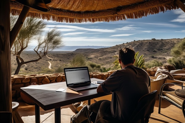Foto entfernter arbeitsplatz auf dem land mit blick auf die berge mann arbeitet im freien mit 5g-internet auf laptop