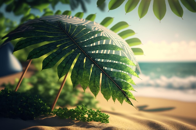 Entfliehen Sie an den Strand mit einem tropischen Sommerhintergrund mit Regenschirm und üppigen Farnblättern