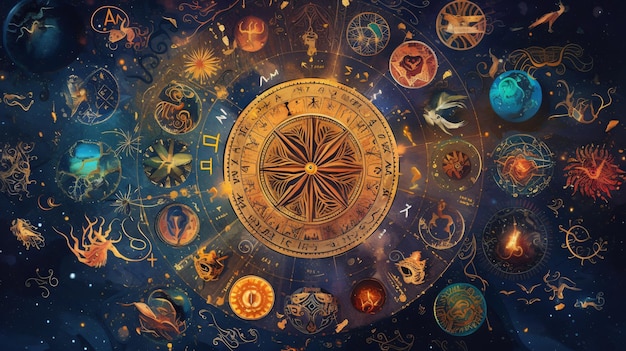 Enthüllen Sie die Geheimnisse des Tierkreises. Ein atemberaubender Zeichenkreis mit einem schimmernden Stern im Herzen. Generative KI. Erhellen Sie Ihre astrologische Reise mit diesem faszinierenden Bild