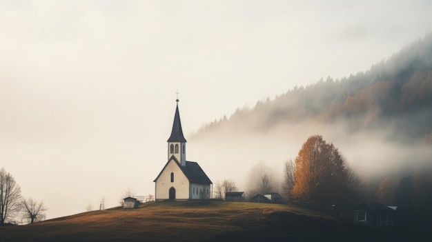 Enthüllung der verzauberten mystischen Gelassenheit der Kirche inmitten des nebligen Weilers