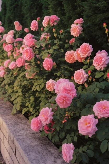 Entlang einer Ziegelmauer wachsen viele rosafarbene Rosen