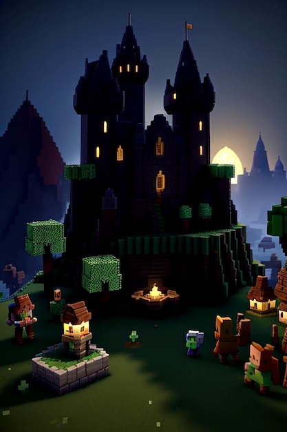 Un entorno 3D de fantasía al estilo Minecraft con un castillo en el medio Aigenerated