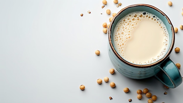 En un entorno blanco aparece una taza de leche de soja con granos de soja esporádicos y un gran espacio IA generativa