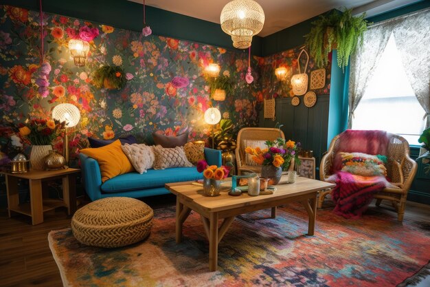 Entorno bohemio con papel tapiz floral, decoración natural y toques coloridos