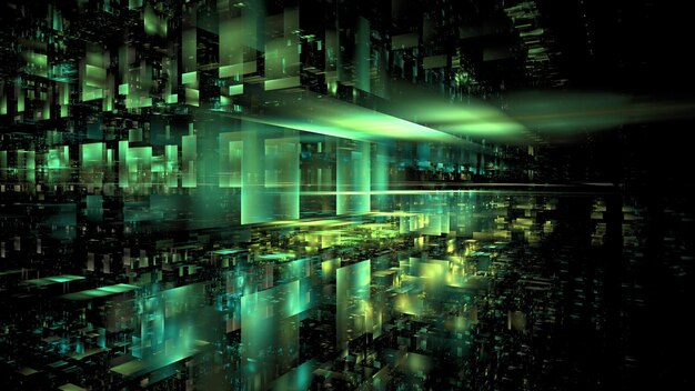 En un entorno digital complejo de formas y estructuras geométricas brillantes, los datos digitales están iluminados por luces verdes y amarillas.