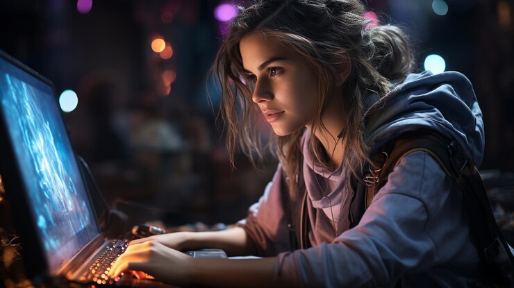 Foto en un entorno digital futurista, una joven está jugando a un videojuego de estrategia en línea en una computadora.