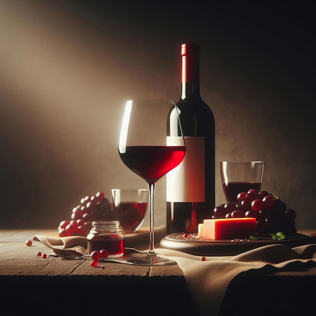 Un entorno elegante y romántico con una botella de vino y uvas en una mesa bajo una iluminación suave