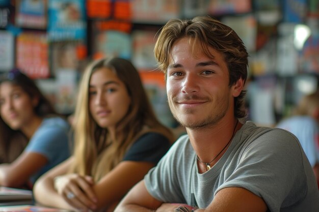 Un entorno de escuela de idiomas encantador con estudiantes diversos involucrados en el aprendizaje interactivo