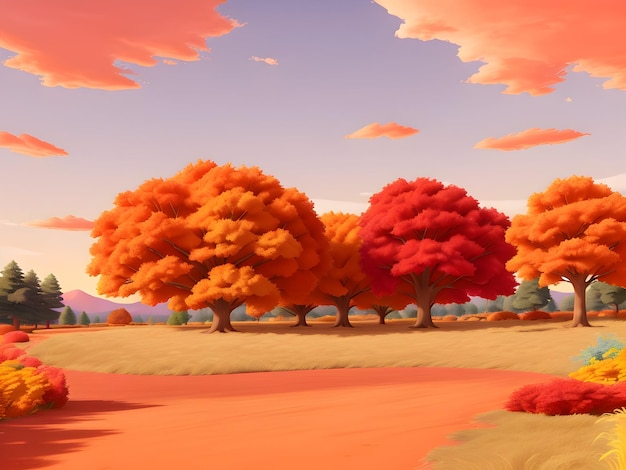 Entorno de estilo de dibujos animados de animación 3D con árboles y aparece un camino con puesta de sol
