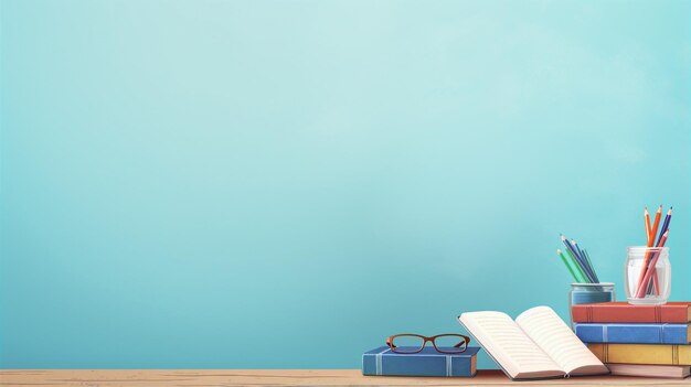 Un entorno de estudio sereno con lápices de colores, libros, gafas y un cuaderno abierto sobre un relajante fondo azul