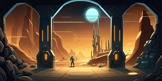 Entorno de fondo 2D Alien Planet para un juego móvil de campo de batalla AI generativo