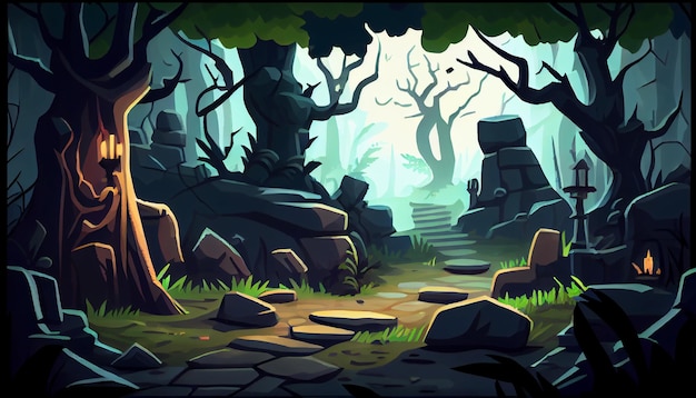 Entorno de fondo 2D de bosque profundo oscuro para un juego móvil Un paisaje de fondo horizontal de alta calidad Ubicación de diseño de plantilla de juego Ai generativo