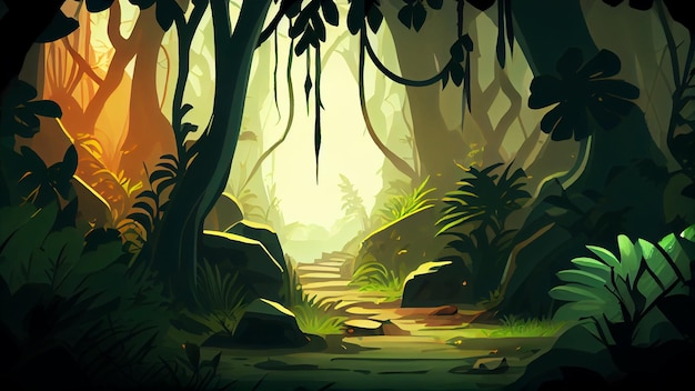 Entorno de fondo 2D de bosque de selva profunda para un juego móvil Un paisaje de fondo horizontal de alta calidad Ubicación de diseño de plantilla de juego Ai generativo