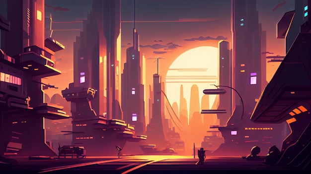 Entorno de fondo 2D de ciudad futurista para un juego móvil Un paisaje de fondo horizontal de alta calidad Ubicación de diseño de plantilla de juego Ai generativo