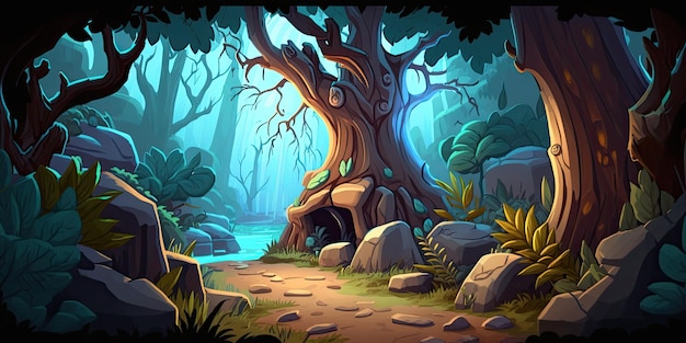 Entorno de fondo 2D Enchanted Forest para un juego móvil Battle Arena Generative ai