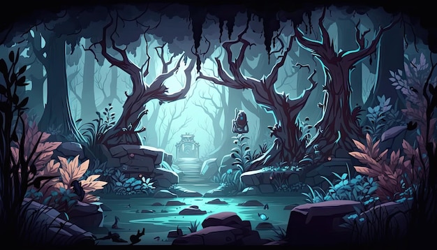 Entorno de fondo 2D Enchanted Forest para un juego móvil Battle Arena Generative ai