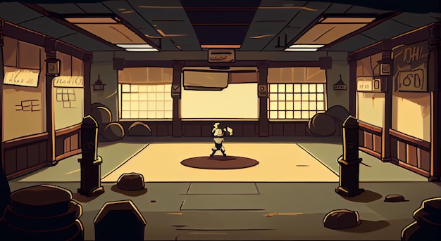 Entorno de fondo 2D de escuela de karate para un juego móvil Un paisaje de fondo horizontal de alta calidad Ubicación de diseño de plantilla de juego Ai generativo