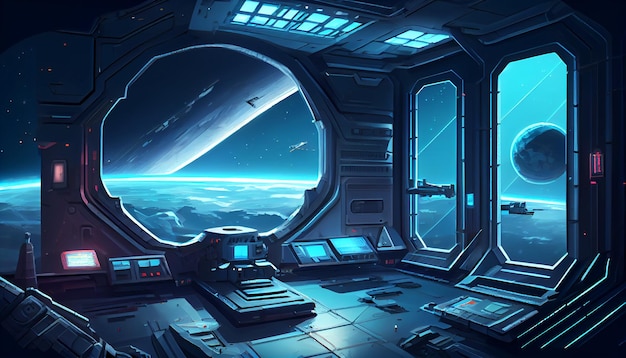 Entorno de fondo 2D de estación espacial futurista para un juego móvil Un paisaje de fondo horizontal de alta calidad Ubicación de diseño de plantilla de juego Generativo ai