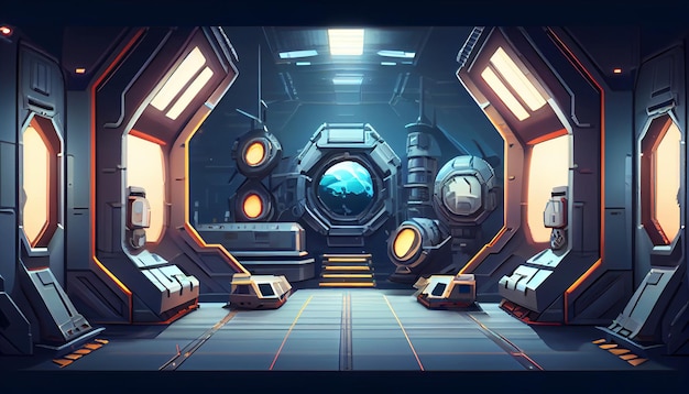 Entorno de fondo 2D de estación espacial futurista para un juego móvil Un paisaje de fondo horizontal de alta calidad Ubicación de diseño de plantilla de juego Generativo ai