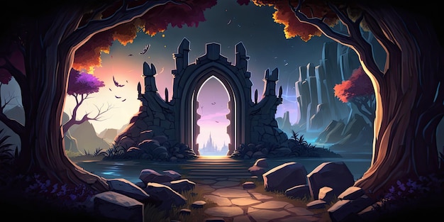 Entorno de fondo 2D Magical Portal para un juego móvil de arena de batalla IA generativa