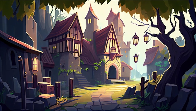 Entorno de fondo 2D de Medieval Village para un juego móvil Un paisaje de fondo horizontal de alta calidad Ubicación de diseño de plantilla de juego Generativo ai