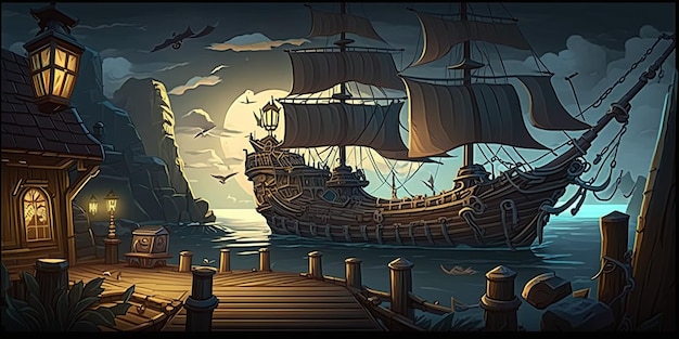 Entorno de fondo de cubierta de barco pirata 2D para un juego móvil de arena de batalla IA generativa