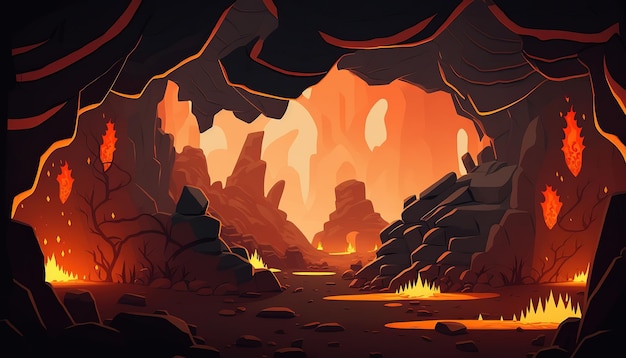 entorno de fondo de cueva de lava para juego de plataformas