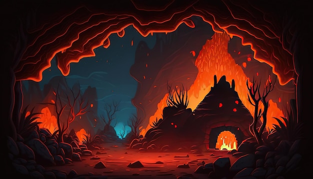 entorno de fondo de cueva de lava para juego de plataformas