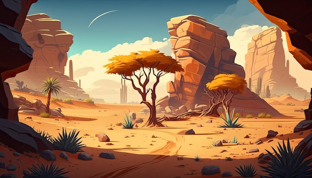 Entorno de fondo del desierto 2D para un juego móvil de campo de batalla AI generativo