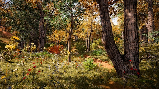 Entorno forestal en otoño renderizado 3d