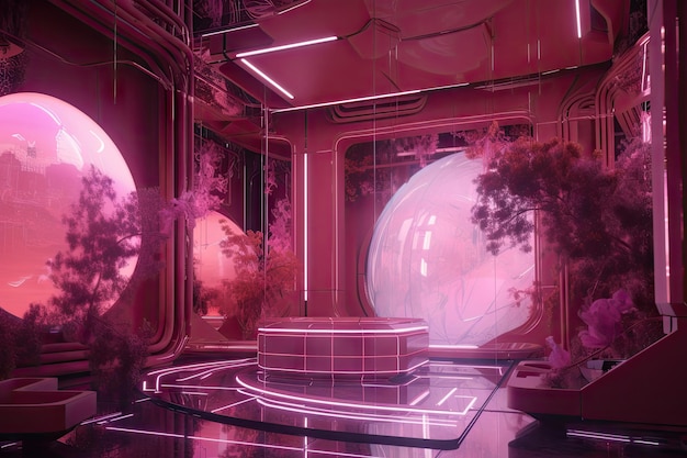 Entorno futurista rosa con información holográfica flotante e iluminación de otro mundo