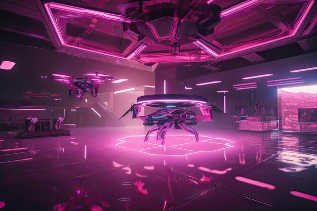 Entorno futurista rosa con interfaz holográfica y drones voladores.