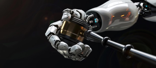 En un entorno futurista se ve una mano cyborg sosteniendo un dispositivo tecnológico AIG62