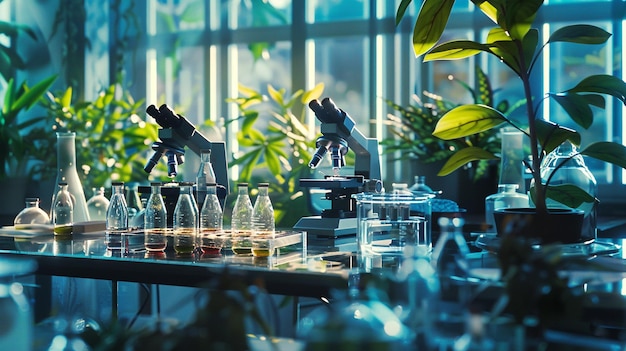 un entorno de laboratorio de biología con microscopios, placas de Petri y muestras de plantas bajo observación